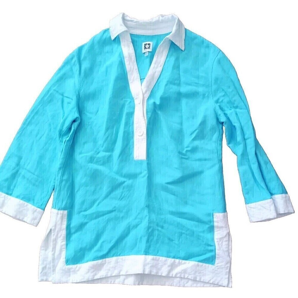 Anne Klein Tunic Top Blouse Size Small Siren Blue/White Linen Blend Turquoise